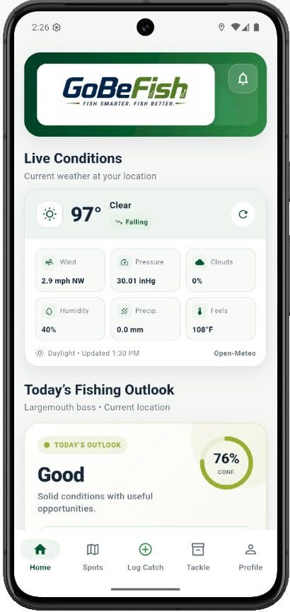 GoBeFish app preview showing live conditions and today's fishing outlook