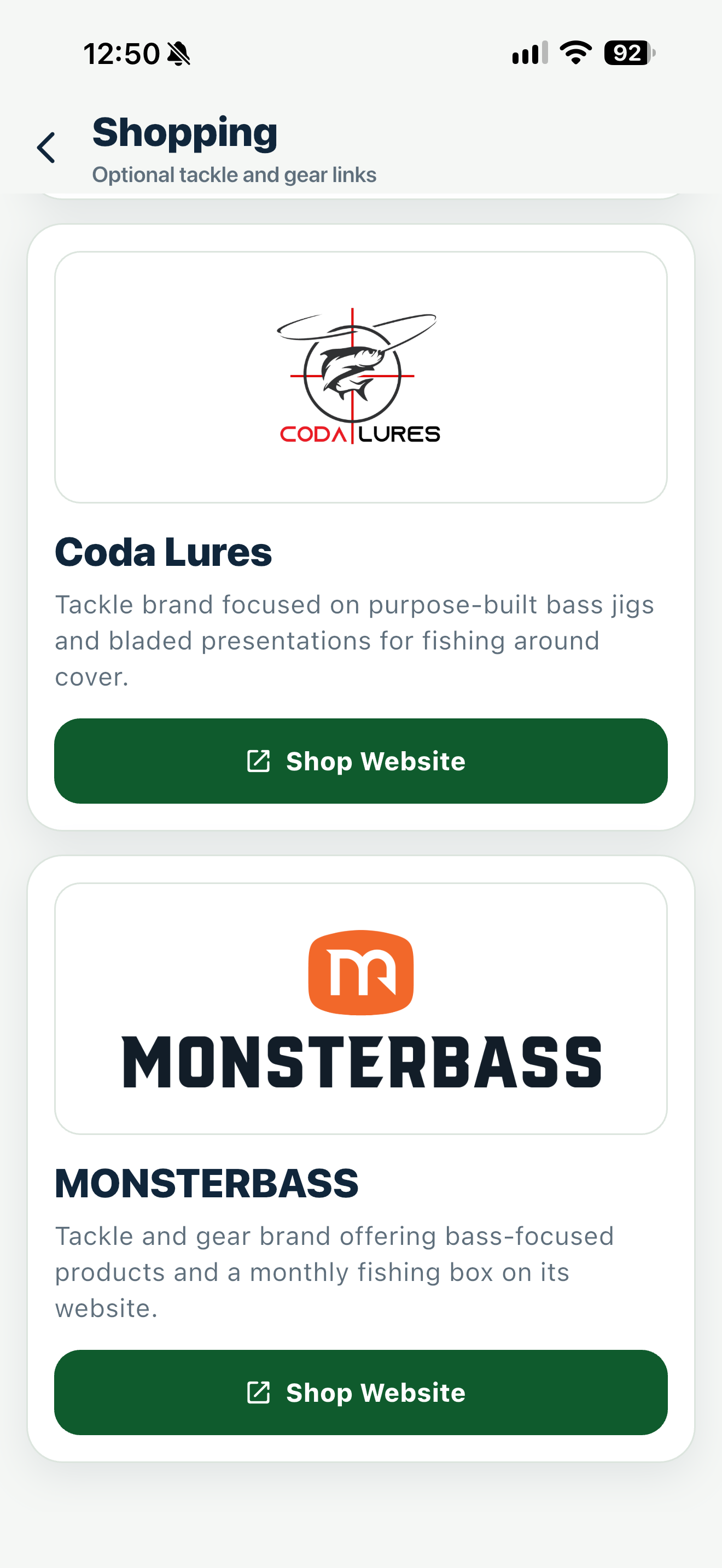 GoBeFish Shopping screen showing optional links to Coda Lures and MONSTERBASS