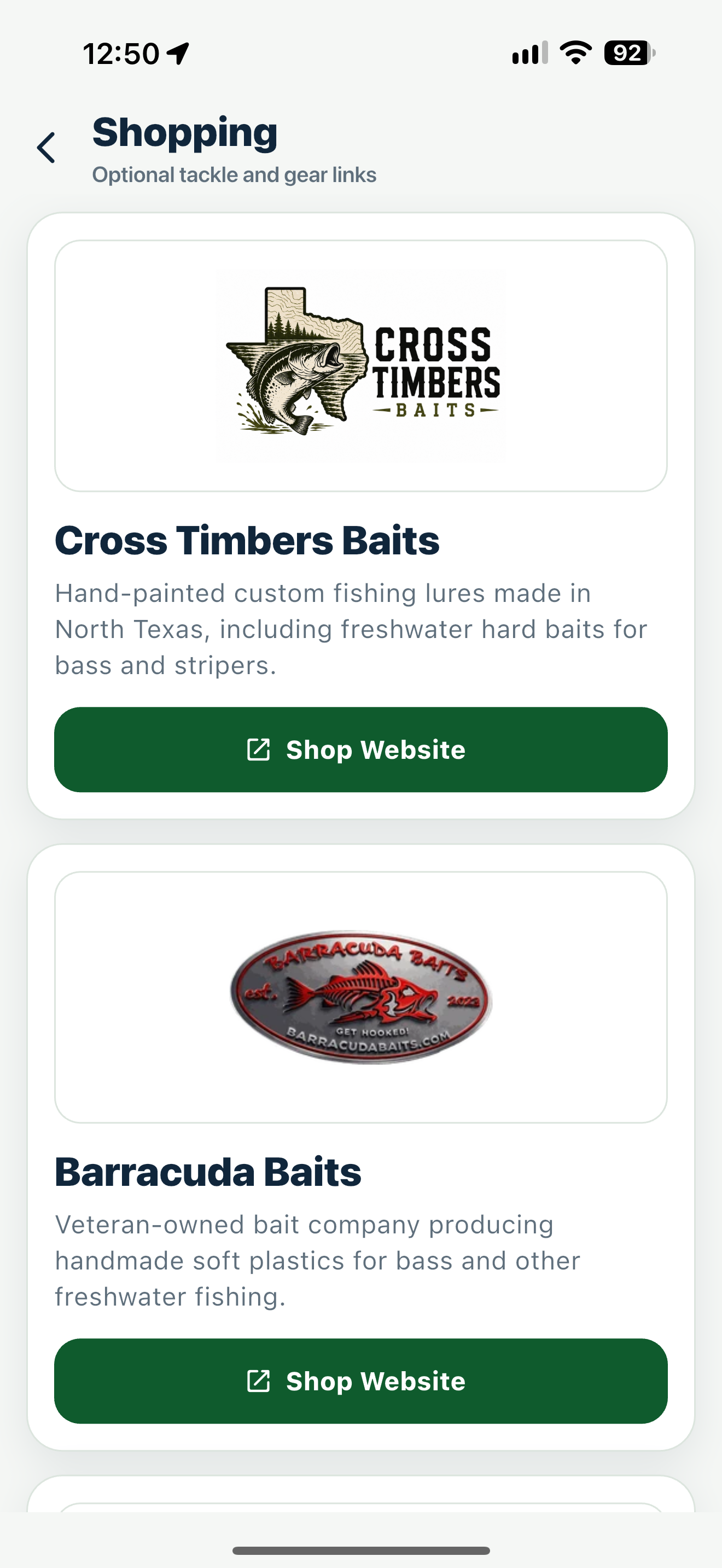 GoBeFish Shopping screen showing optional links to Cross Timbers Baits and Barracuda Baits