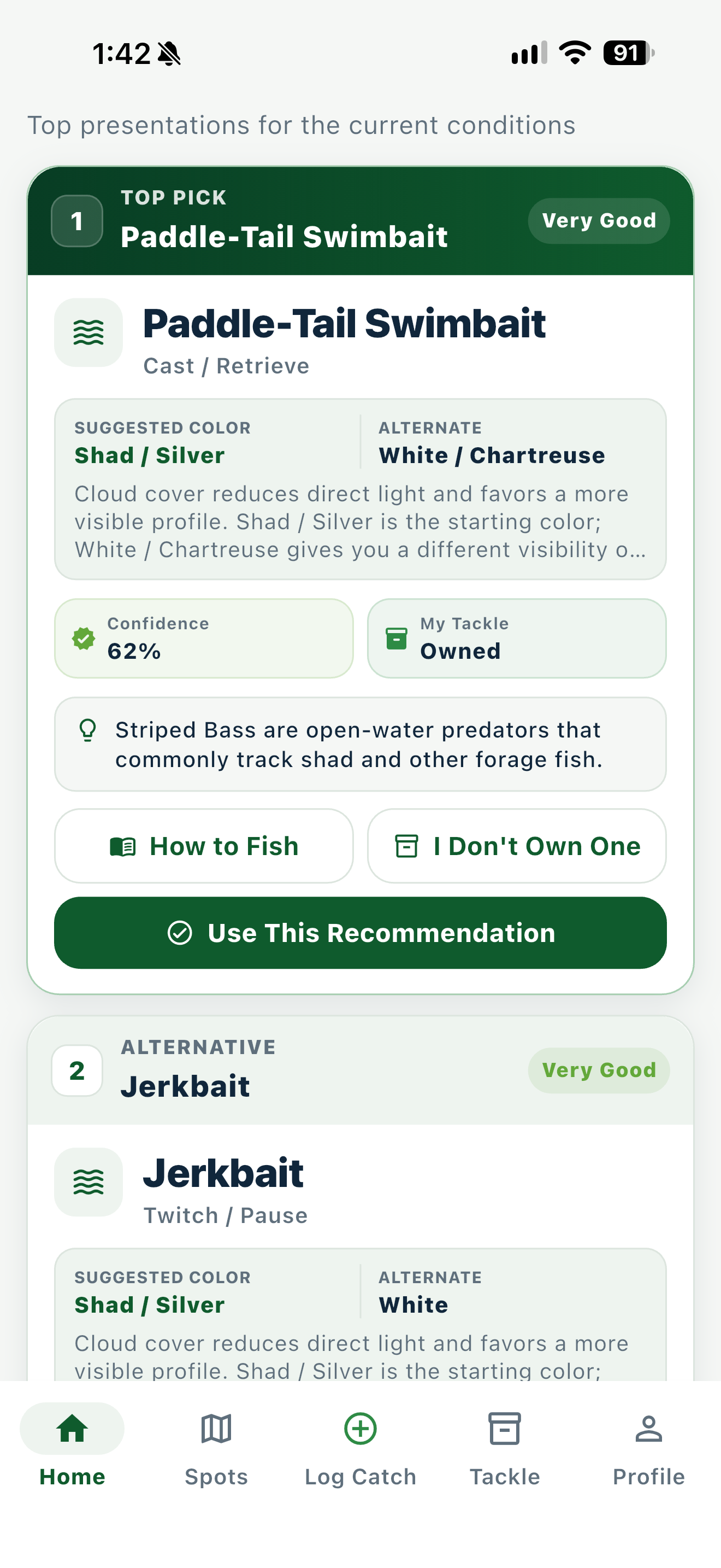 GoBeFish Striped Bass recommendations showing a paddle-tail swimbait top pick, color guidance, confidence, and My Tackle status