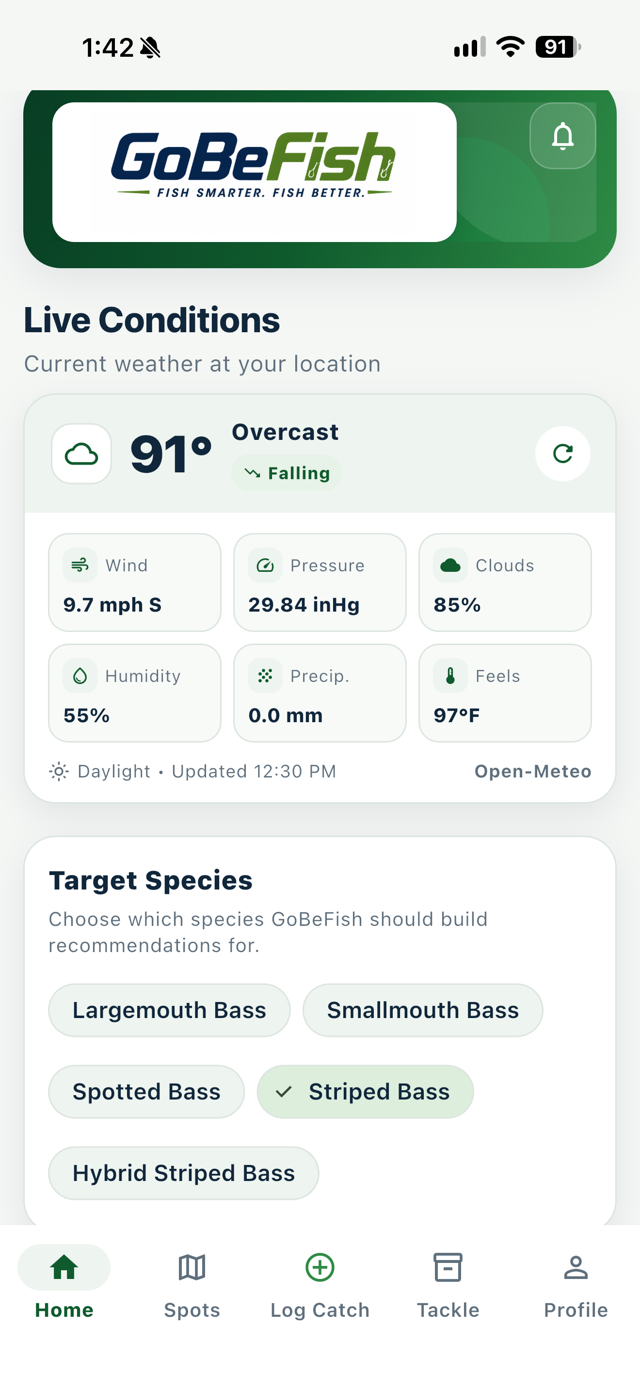 GoBeFish home screen showing live conditions and target species options for Largemouth, Smallmouth, Spotted, Striped, and Hybrid Striped Bass