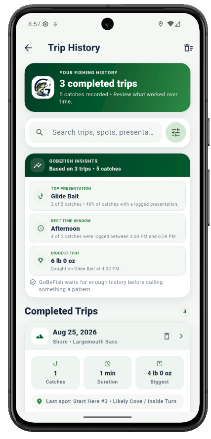 GoBeFish Trip History screen showing completed trips, search, insights, and summary stats