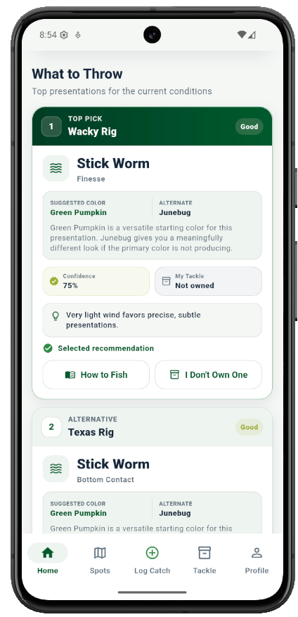 GoBeFish What to Throw screen showing top lure recommendations, color guidance, confidence, and My Tackle status